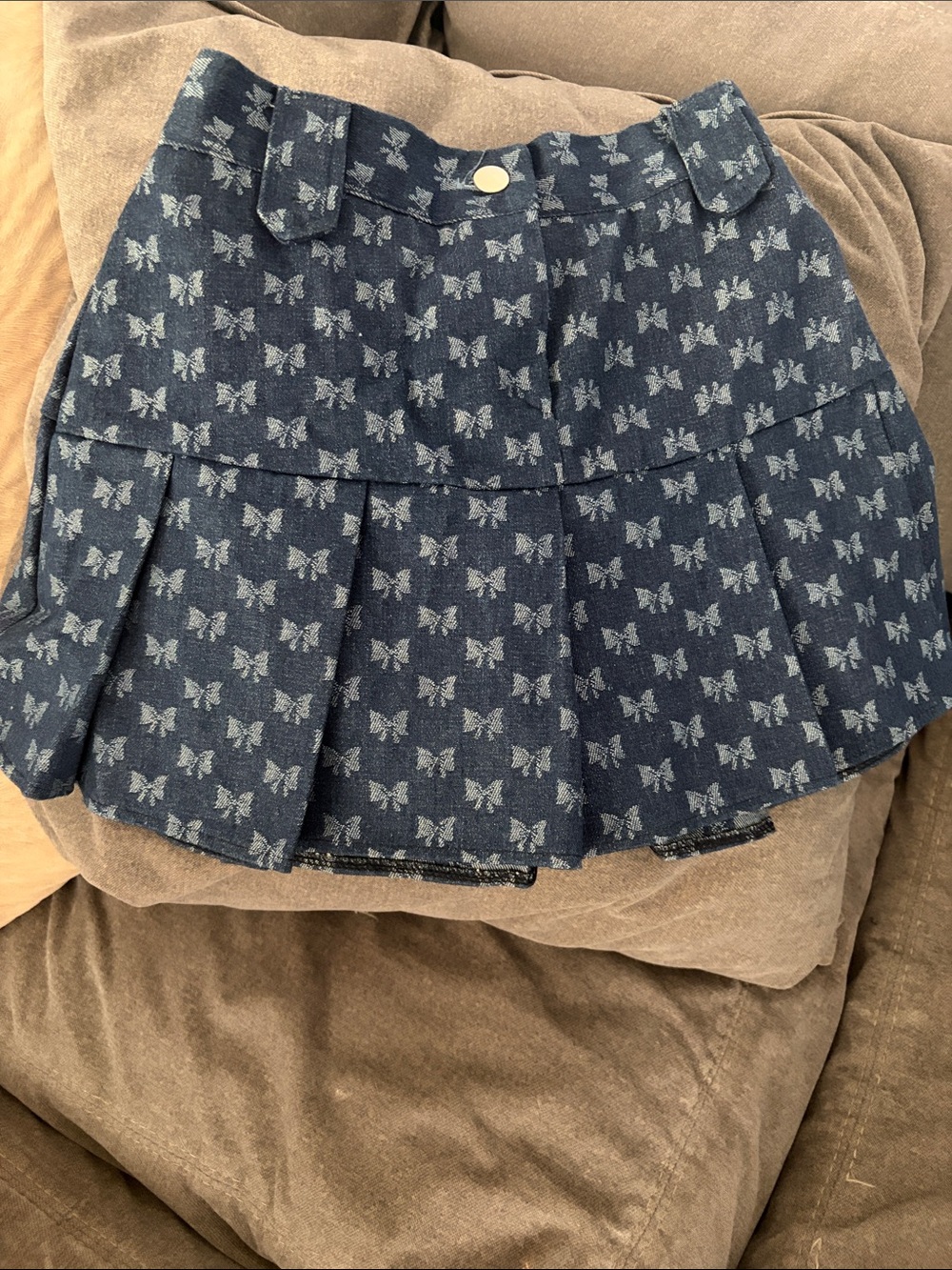 Girls' Navy Butterfly Print Pleated Denim Skirt